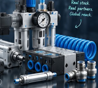 Industrial automation components — pneumatic cylinders, valves, and FRL units